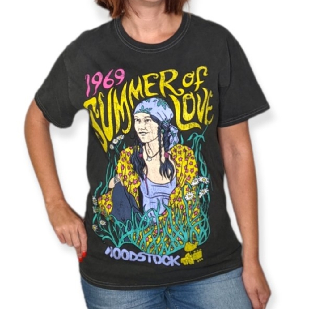 WOODSTOCK Peace Love Music Distressed Graphic Tee NWOT